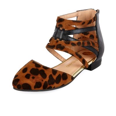 Girls brown leopard caged flats